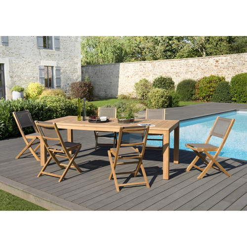 Ensemble Table VIESTE en Teck + 6 chaises pliantes Taupe en textilène - Macabane jardin meuble deco