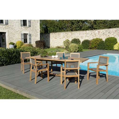 Ensemble Table rectangulaire extensible en Teck + 6 Fauteuils empilables Taupe textilène - Macabane jardin meuble deco