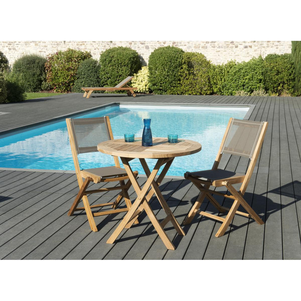 SALON DE JARDIN EN BOIS TECK 2 pers - Ensemble de jardin  - 1 Table ronde pliante 80 cm et 2 chaises textilène taupe.