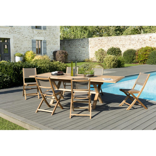 Ensemble Table rectangulaire extensible pieds croisés en Teck + 6 Chaises pliantes Taupe en textilène - Table de jardin design