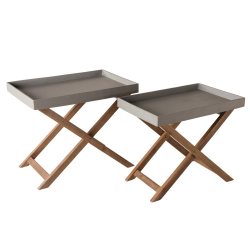 Set de 2 tables basses en Résine effet "Béton" pieds croisés en Acacia - Table de jardin design