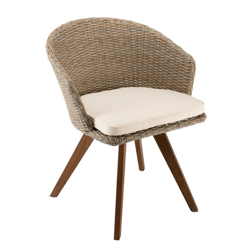 Fauteuil Rotin synthétique et Acacia + coussin écru - French Days Declikdeco