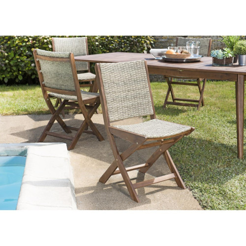 Ensemble de 2 chaises de jardin pliantes en bois Acacia et rotin synthétique - Macabane - Fauteuil et chaise de jardin design