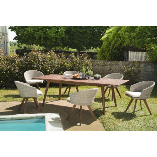 Ensemble Table extensible en Acacia + 6 Fauteuils Rotin synthétique et Acacia + coussin écru  BALI - Salon de jardin design