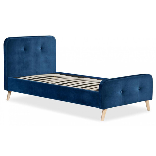 Lit scandinave avec tête de lit et sommier 90x190cm Velours Bleu NERRYM - Lit bois design