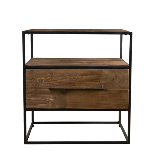 Table d'appoint 1 tiroir 1 étagère bois de Teck recyclé et métal - SIANA - Deco style industriel
