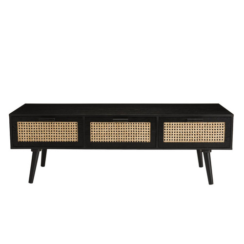 Meuble TV noir 3 tiroirs cannage - MIGUEL - Deco meuble design scandinave