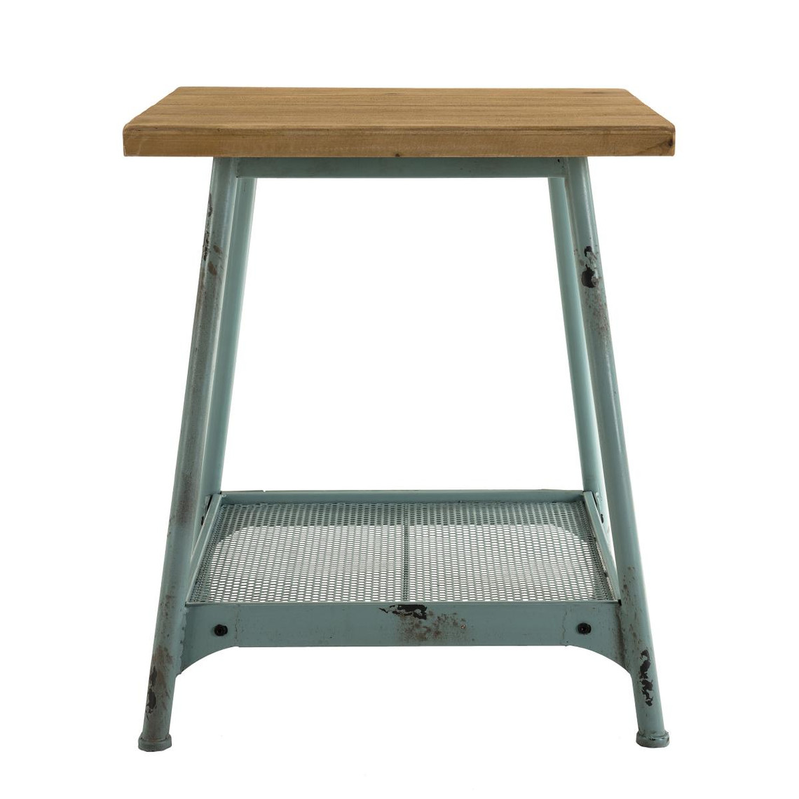 Table d'appoint plateau bois Sapin 1 étagère et pieds métal bleu - ELIAH