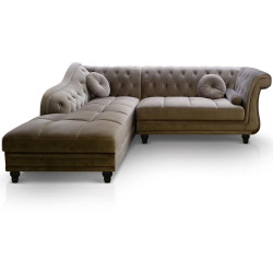 Canapé d'angle British gauche Velours Taupe style Chesterfield Diana