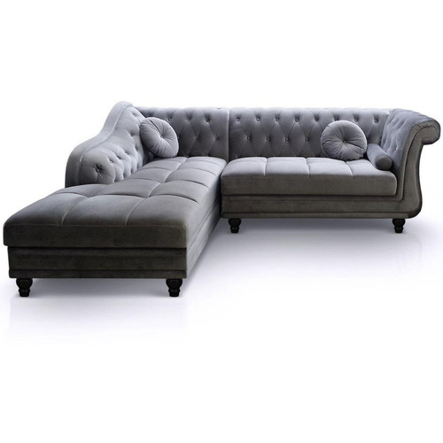 Canapé d'angle Brittish gauche Velours Argent style Chesterfield