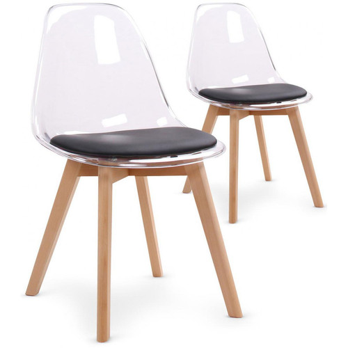 Lot de 2 chaises scandinaves transparentes et coussin noir SULLY - Chaise design et tabouret design