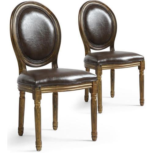 Lot de 2 Chaises Médaillon Marron Vieilli VERSAILLES - Chaise simili cuir design