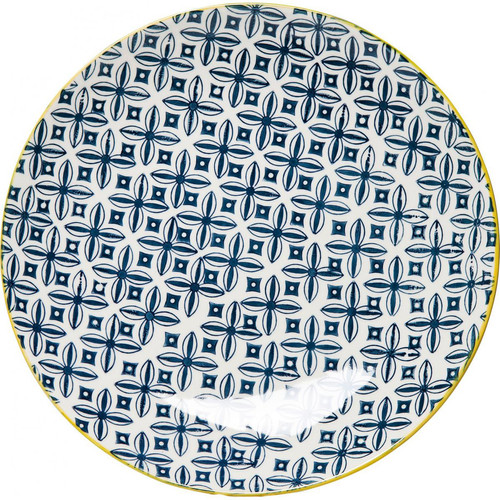 Assiette KARE DESIGN En Porcelaine Bords Jaunes Impressions Géométriques Bleues D25 FERANDINE - Vaisselle design