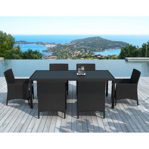 Table Repas Outdoor + 6 Fauteuils En Résine Tressée Noir ALIA - Salon de jardin design