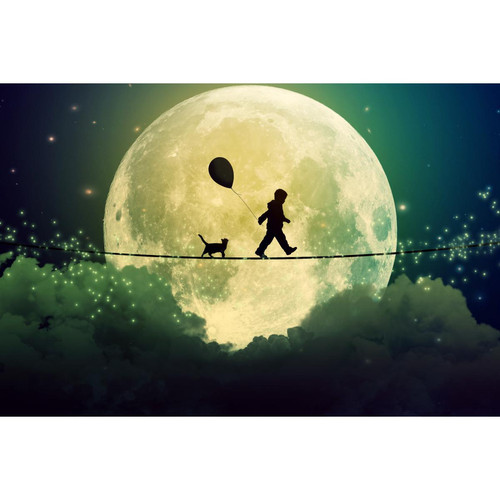 Tableau Enfant L'enfant, le chat et la lune 80x55 DeclikDeco  - Tableau Voyage