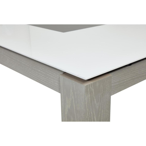 Table de repas avec rallonge, en bois gris, plateau en verre blanc et insert céramique PLYMOUTH