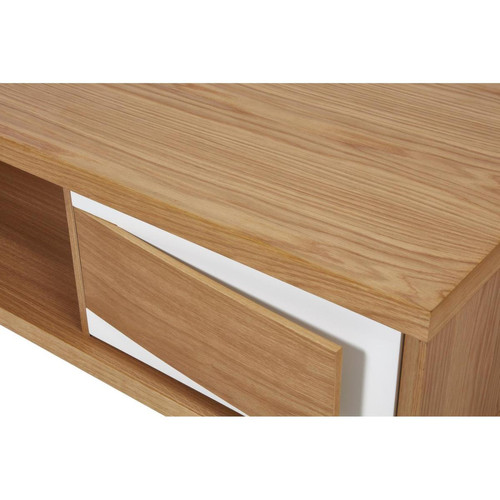 Table basse en bois placage chene avec 1 tiroir et un espace de rangement, facade en volume et contour en laque blanche LIAGO Blanc et Marron  - 3S. x Home - 3s x home