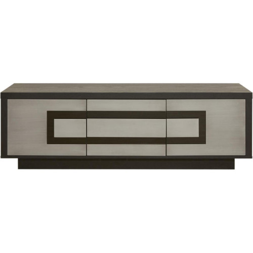 Meuble TV 3 portes en chene noir facade argentee avec insert verre METEOR Gris et Noir - 3S. x Home - Edition Authentique Salon