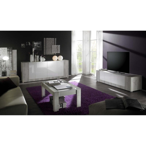 Meuble TV 4 portes laquées avec contour chêne SATURNE Gris et Blanc 3S. x Home  - Meuble tv design bois
