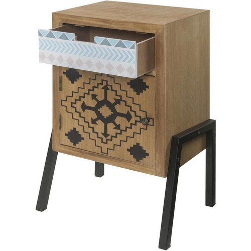 Table de chevet en bois avec imprimes Texan 1 porte 1 tiroir pieds métal MERIDA Marron  - 3S. x Home - Chambre lit