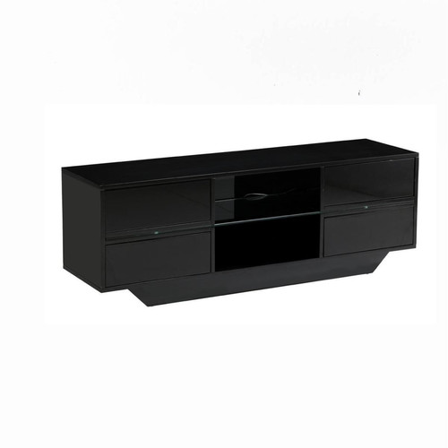 Meuble TV en bois laqué avec etagere en verre et éclairage LED TORINO Noir  3S. x Home  - Meuble tv noir design
