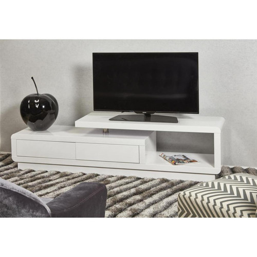 Meuble TV design en bois laqué 2 tiroirs et niche inferieure MERCURY Blanc