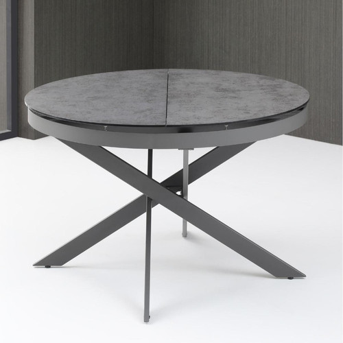Table de repas ronde extensible plateau en verre gris et pied central en metal NELSON Gris