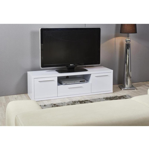 Meuble TV en bois laque 2 portes avec tiroir et étagère de rangement YARDEN Blanc