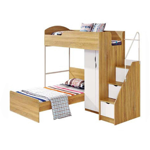 Lit enfant multifonctions avec armoire et escalier intégrés 2 couchages JACKIE Beige et Blanc  3S. x Home  - Chambre enfant et bebe design