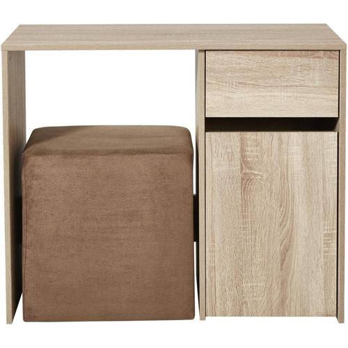 Ensemble bureau bois naturel et pouf tissu taupe EMMA Marron  3S. x Home  - Rangement meuble