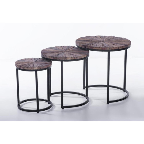  Set de 3 tables gigogne ronde en bois recyclé et piétement metal BOGATA Marron  3S. x Home  - Table basse