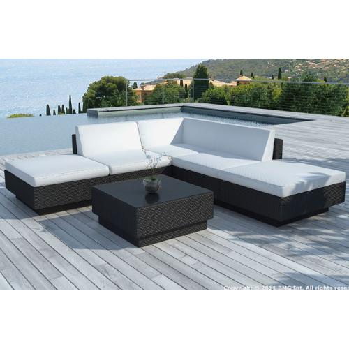 Canapé d'angle + table de jardin noir et blanc écru en résine tressée PALACE - Salon de jardin design