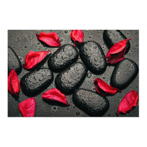 Tableau Zen Galets Noirs et Feuilles Rouges 80  x  55 cm
