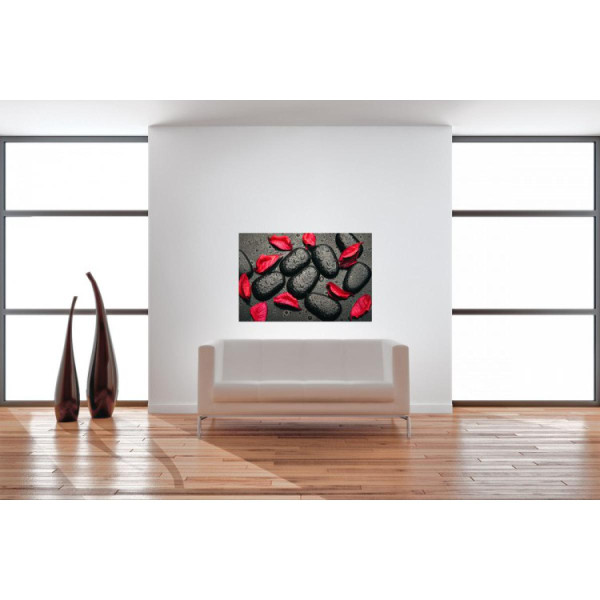 Tableau Zen Galets Noirs et Feuilles Rouges 80  x  55 cm