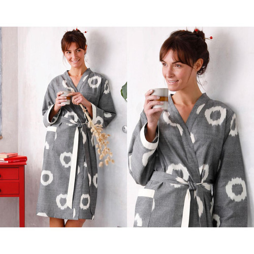 Peignoir d'intérieur femme forme kimono motif ikat-gris - Boutique de Noël