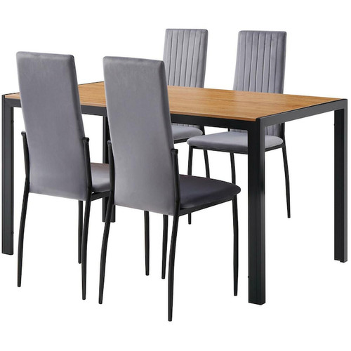 Ensemble table de repas en bois et pieds en metal noir avec 4 chaises haut dossier velours BREDA Gris