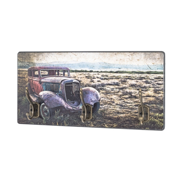 Patère murale en MDF avec impression par Ultra Violet voiture ancienne et 3 crochets en Métal Bronze