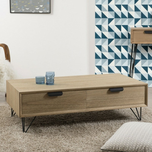 Table basse rectangulaire 4 tiroirs pieds épingle en métal - Marron - Macabane - Macabane meubles