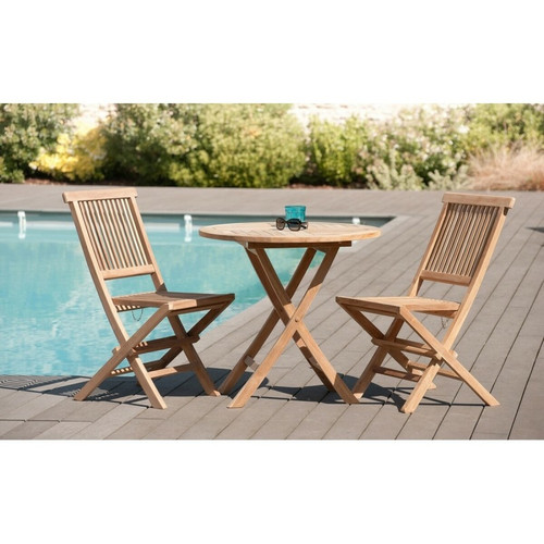SALON DE JARDIN EN BOIS TECK 2 personnes - Ensemble de jardin - 1 Table ronde pliante 80 cm et 2 chaises Macabane  - Jardin meuble deco