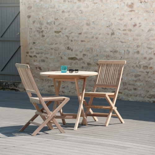 SALON DE JARDIN EN BOIS TECK 2 personnes - Ensemble de jardin - 1 Table ronde pliante 80 cm et 2 chaises