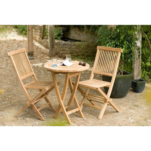SALON DE JARDIN EN BOIS TECK 2 personnes : Ensemble de jardin - 1 Table ronde pliante 60 cm et 2 chaises Macabane  - Table de jardin design