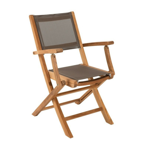 Ensemble de 2 fauteuils de jardin pliants en bois teck et textilène couleur taupe Macabane  - Jardin meuble deco