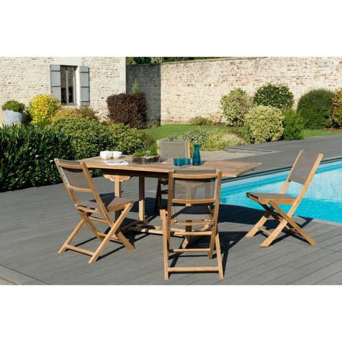 SALON DE JARDIN EN BOIS TECK 4/6 pers - Ensemble de jardin - 1 Table rectangulaire extensible 120/180*90 cm - 4 chaises taupe - Macabane - Macabane meubles