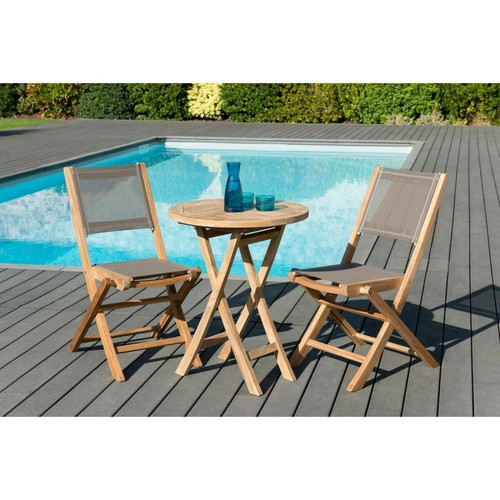 SALON DE JARDIN EN BOIS TECK 2 pers - Ensemble de jardin - 1 Table ronde pliante 60 cm et 2 chaises textilène couleur taupe.