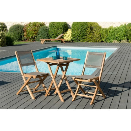 SALON DE JARDIN EN BOIS TECK 2 pers - Ensemble de jardin - 1 Table carrée pliante 60 cm et  2 chaises textilène couleur taupe.