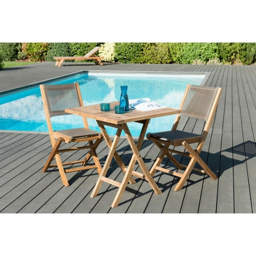 SALON DE JARDIN EN BOIS TECK 2 pers  -Ensemble de jardin - 1 Table carrée pliante 70 cm et 2 chaises textilène taupe