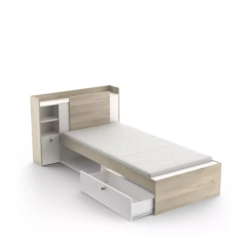 Lit avec niche et tiroir LIFE chêne blanc mat DeclikDeco  - Nouveautes chambre lit