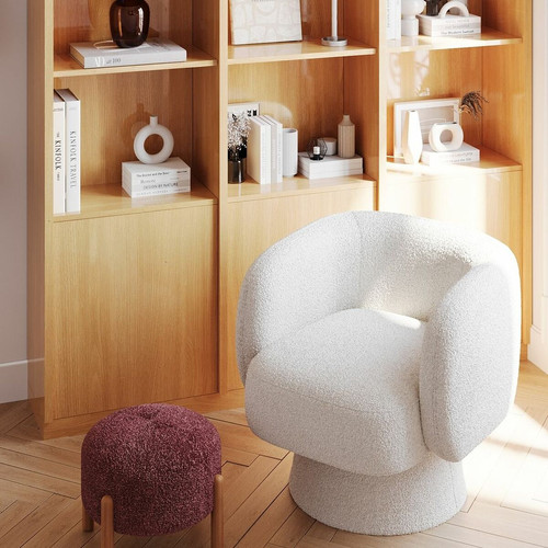 Pouf en laine bouclée et en bois Camélia rose  POTIRON PARIS  - Pouf et fauteuil design