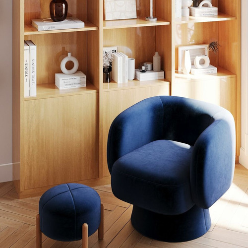 Pouf rond en velours bleu marine & bois Camélia POTIRON PARIS  - Pouf et fauteuil design