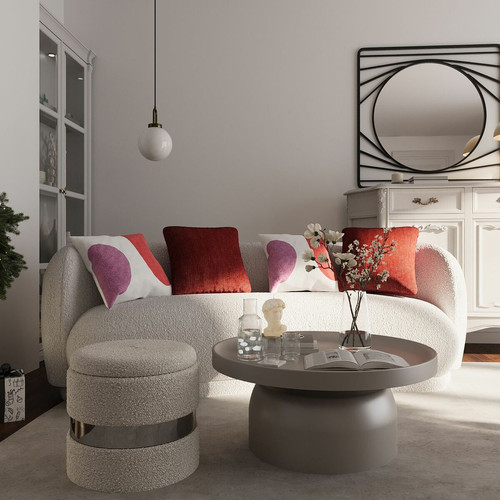 Pouf rond avec rangement  en tissu bouclette et en métal argenté Capucine gris-crème  POTIRON PARIS  - Salon meuble deco
